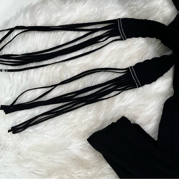 NEW Willi Smith Ribbed Boho Fringe Belted Contrast Longline Collar Sweater Top S - Picture 9 of 13